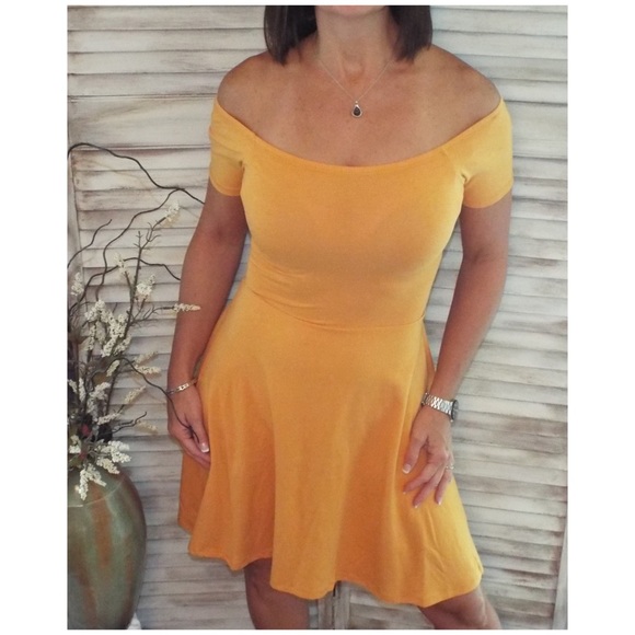 Off Shoulder Cross Back A-Line Dress Yellow S/M/L - Picture 2 of 6